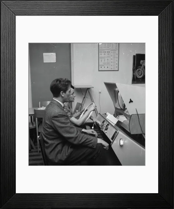 Framed Print : Anefo photo collection. unknown. Link trainer for driving school left student, right instructor. May 4, 1961