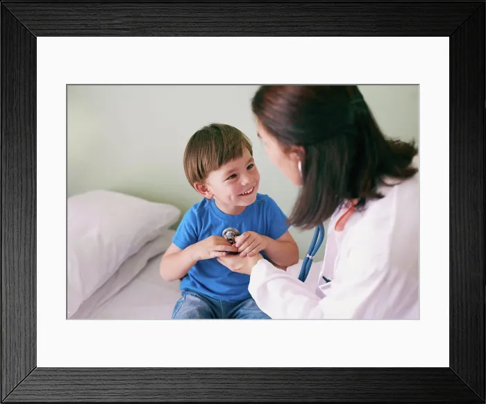 Framed Print : Doctor, stethoscope and child in hospital for healthcare Framed Print : Doctor, stethoscope and child in hospital for healthcare