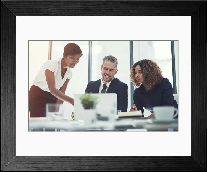 Framed Print : Laptop, review or business people in meeting with investor for feedback