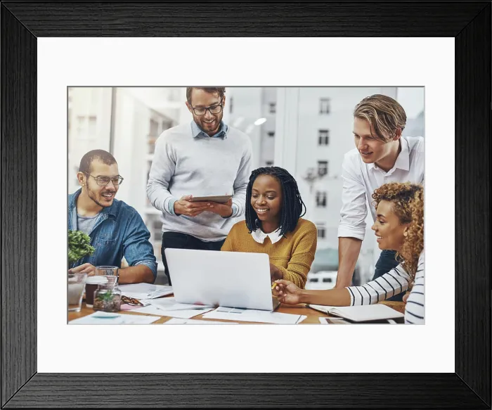 Framed Print : Smile, people and meeting with laptop in office for project research