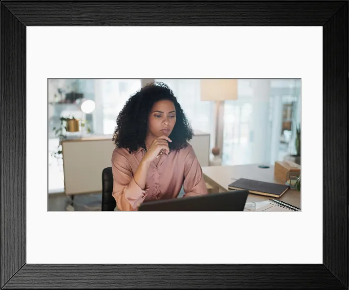 Framed Print : Thinking, corporate and woman with a laptop Framed Print : Thinking, corporate and woman with a laptop
