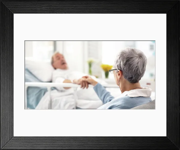 Framed Print : Hospital, bed and senior couple holding hands Framed Print : Hospital, bed and senior couple holding hands