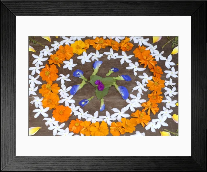 Framed Print : Floor design known as rangoli drawn by colorful flowers at Harihareshwar or Dakshin Kashi