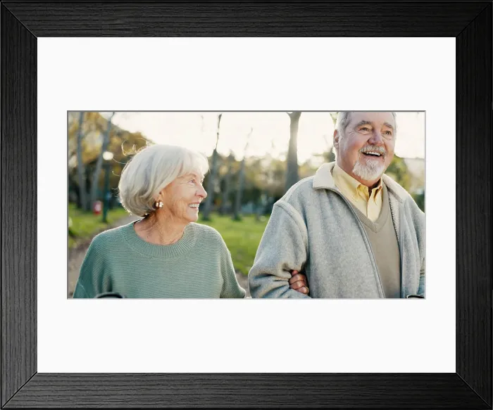 Framed Print : Senior couple, park and morning walking with conversation
