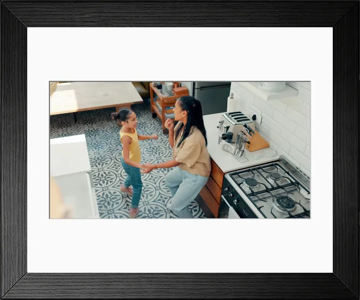 Framed Print : Mother, child and happy dance in kitchen with energy