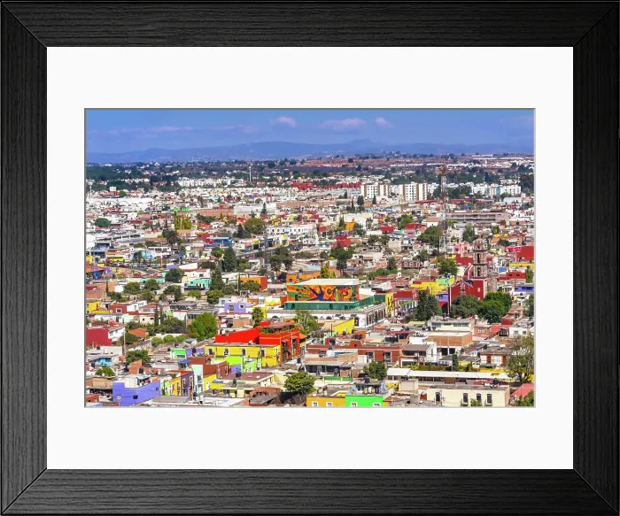 Framed Print : Colorful church Cityscape Restaurants Shops, Cholula, Puebla, Mexico. church built 1500's and 1600's Framed Print : Colorful church Cityscape Restaurants Shops, Cholula, Puebla, Mexico. church built 1500's and 1600's