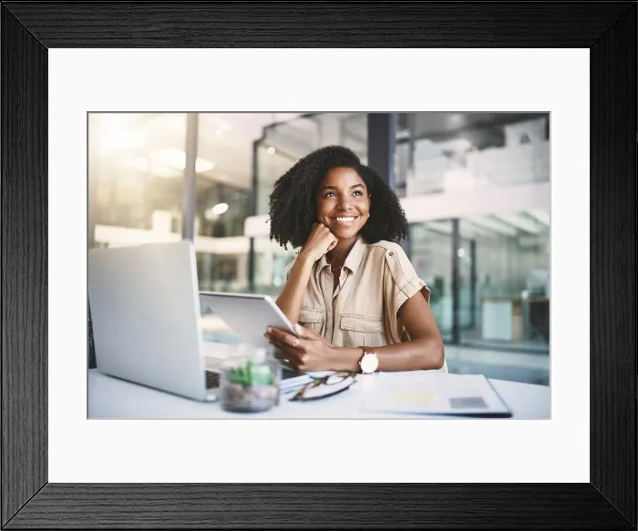 Framed Print : Woman, thinking and tablet in office for business