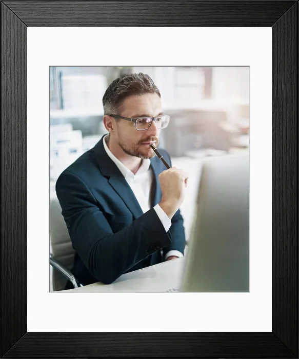 Framed Print : Thinking, monitor and businessman face by desk with corporate ideas for company vision