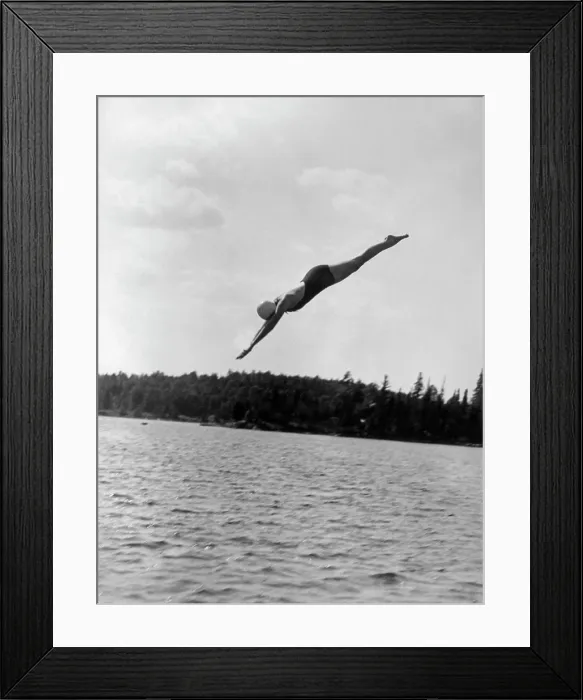 Framed Print : 1930S Woman Diving Into Lake