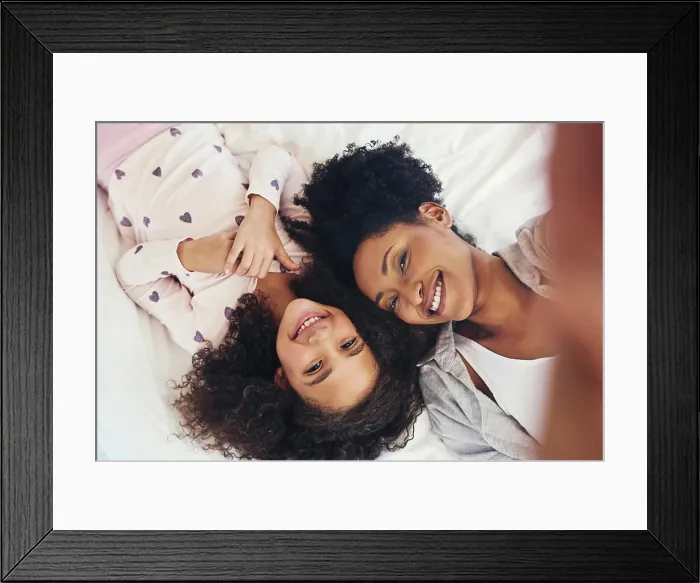 Framed Print : Selfie, smile and mom with girl on bed for memory Framed Print : Selfie, smile and mom with girl on bed for memory