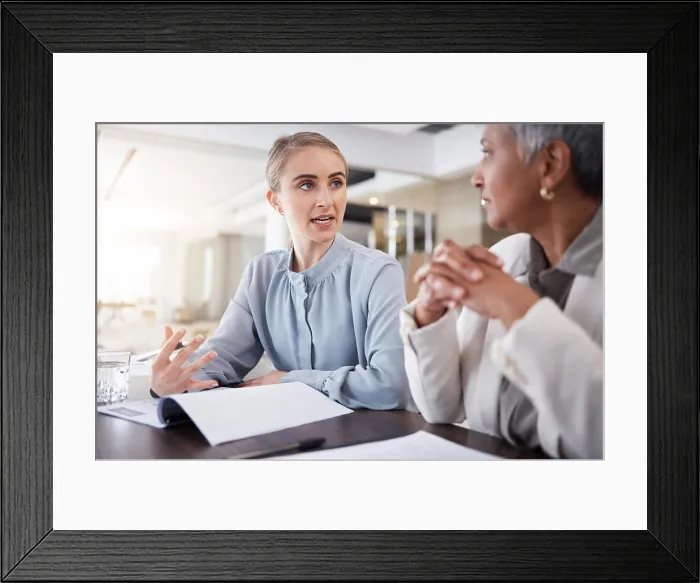Framed Print : Meeting, discussion and business women with documents for marketing strategy