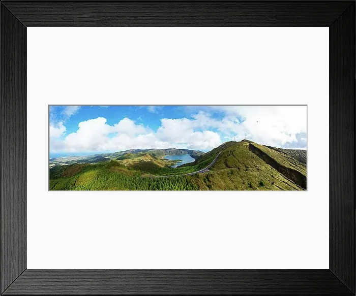 Framed Print : Drone shot, mountain road to the summit of Pico da Barrosa and view to the crater lake Lagoa do Fogo Framed Print : Drone shot, mountain road to the summit of Pico da Barrosa and view to the crater lake Lagoa do Fogo