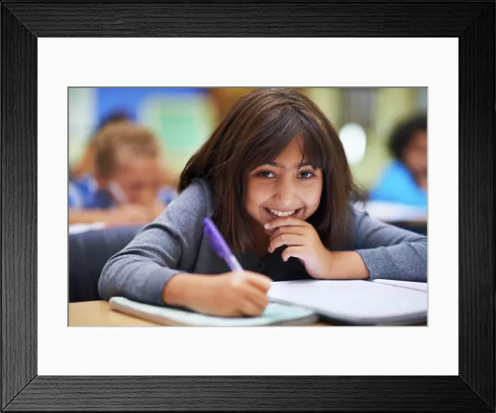 Framed Print : Girl, education and portrait in classroom for learning