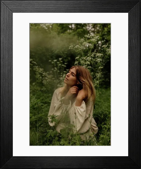 Framed Print : Woman in linen dress and floral crown surrounded by flowers Framed Print : Woman in linen dress and floral crown surrounded by flowers
