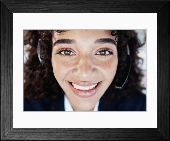 Framed Print : Customer support consultant, face portrait and happy woman telemarketing on contact us CRM or telecom Framed Print : Customer support consultant, face portrait and happy woman telemarketing on contact us CRM or telecom