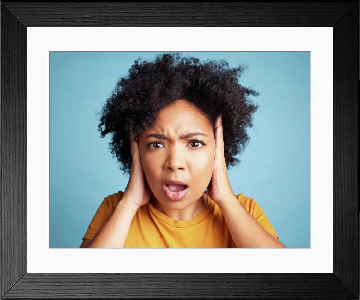 Framed Print : Surprise, wow and portrait of a woman with anxiety