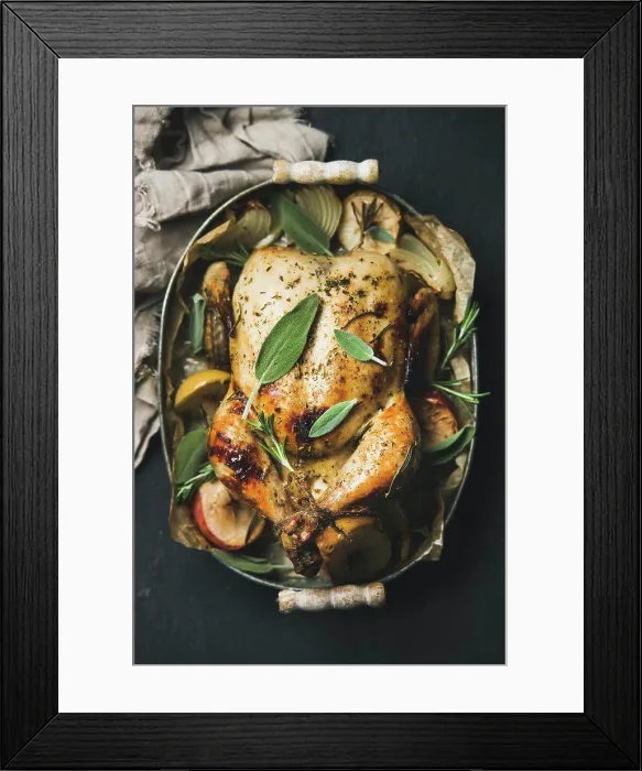 Framed Print : Oven roasted whole chicken with onion Framed Print : Oven roasted whole chicken with onion
