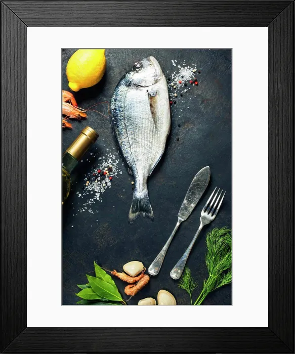 Framed Print : Delicious fresh fish and seafood on dark vintage background