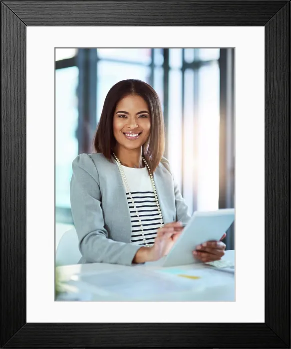 Framed Print : Black woman, portrait and tablet for finance in office Framed Print : Black woman, portrait and tablet for finance in office