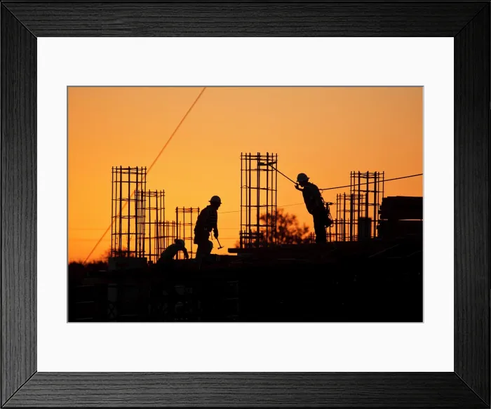 Framed Print : Construction workers building structure of concrete and steel, San Marcos, Texas Framed Print : Construction workers building structure of concrete and steel, San Marcos, Texas