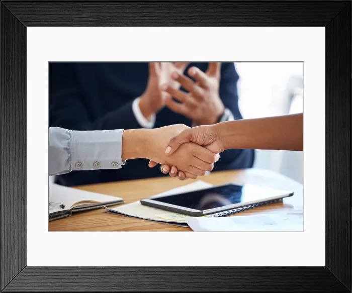 Framed Print : Thank you, colleagues shaking hands and in a business meeting in a modern office together Framed Print : Thank you, colleagues shaking hands and in a business meeting in a modern office together
