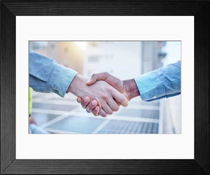 Framed Print : Handshake, engineering and teamwork with people and solar panels for partnership Framed Print : Handshake, engineering and teamwork with people and solar panels for partnership