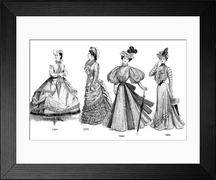 Framed Print : 1864 1870 1880 1900 LATE VICTORIAN AND TURN OF THE 20TH CENTURY CLOTHING FASHIONS FOR WOMEN HOOP SKIRTS WASP WAISTS