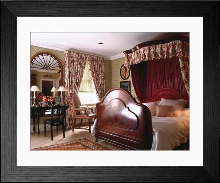 Framed Print : Mahogany half-tester bed in townhouse bedroom with large mirror above dressing table Framed Print : Mahogany half-tester bed in townhouse bedroom with large mirror above dressing table