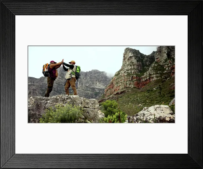 Framed Print : Hiking, friends and men on mountain high five with backpack for adventure
