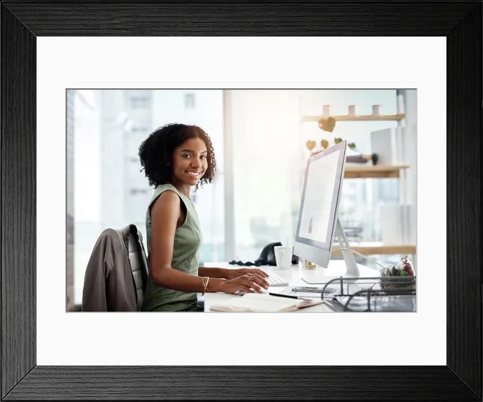 Framed Print : Black woman in business, computer screen and smile in portrait Framed Print : Black woman in business, computer screen and smile in portrait