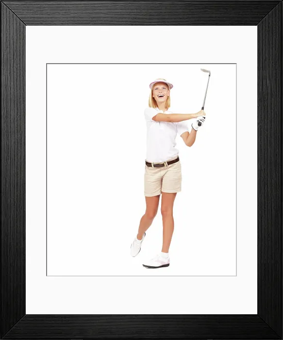 Framed Print : Fitness, exercise and golf by woman in studio happy Framed Print : Fitness, exercise and golf by woman in studio happy