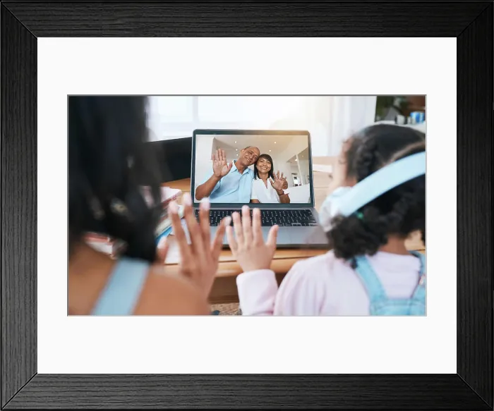Framed Print : Laptop screen, video call and family with virtual communication Framed Print : Laptop screen, video call and family with virtual communication