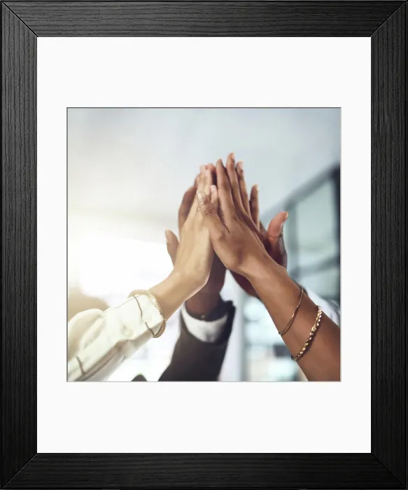 Framed Print : Office, hands and business people with high five in meeting for team building Framed Print : Office, hands and business people with high five in meeting for team building