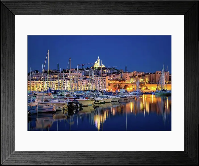 Framed Print : Marseille Old Port (Vieux-Port de Marseille) with yachts and Basilica of Notre-Dame de la Garde in the night