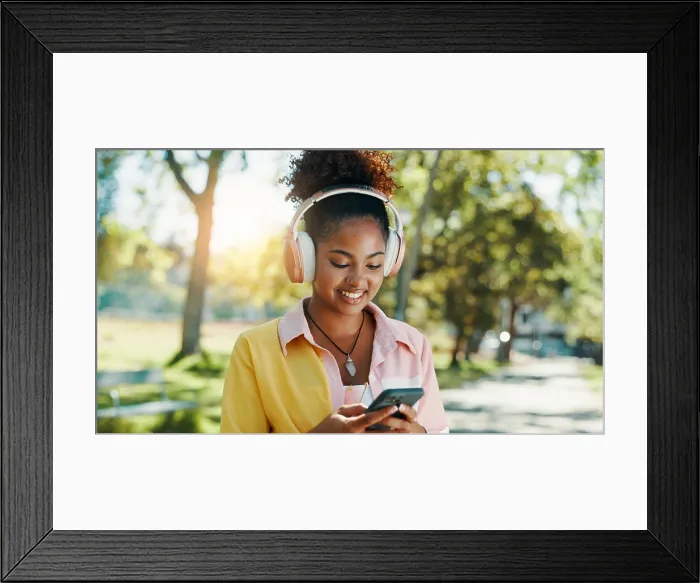 Framed Print : Park, woman and smile with smartphone for music Framed Print : Park, woman and smile with smartphone for music