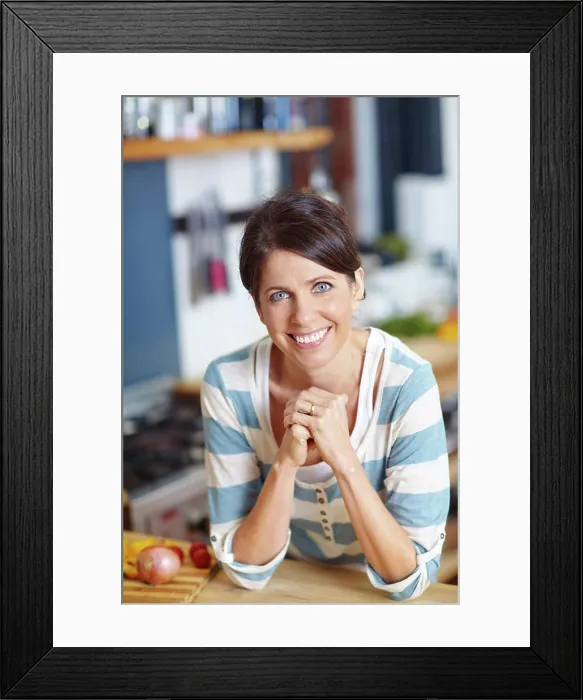 Framed Print : Cooking portrait, woman and happy in kitchen for healthy dinner Framed Print : Cooking portrait, woman and happy in kitchen for healthy dinner
