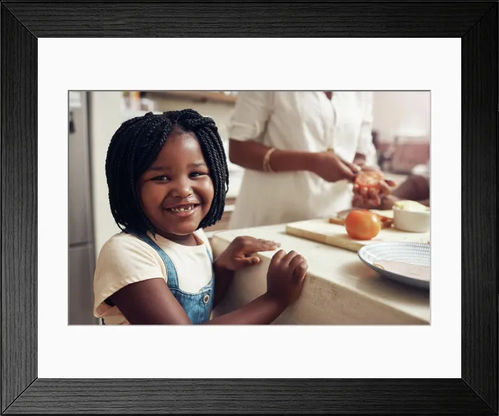 Framed Print : Black child, portrait and smile in home kitchen with mom Framed Print : Black child, portrait and smile in home kitchen with mom