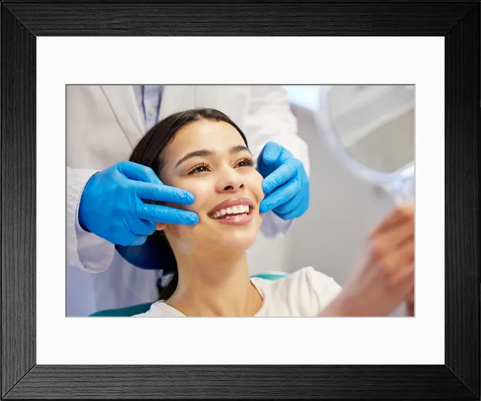 Framed Print : Woman, dentist and smile with mirror for dental surgery in clinic for teeth whitening and treatment with doctor