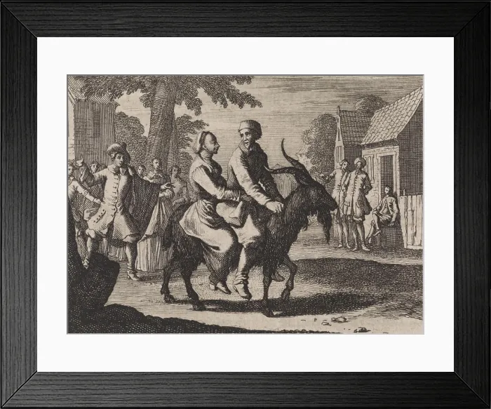 Framed Print : Farmer and woman together on the back of a billygoat transported Dem Eins seynd zweylieb Framed Print : Farmer and woman together on the back of a billygoat transported Dem Eins seynd zweylieb