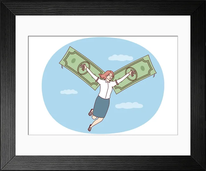 Framed Print : Happy woman flies in sky among clouds using banknotes instead of wings Happy woman flies in sky among clouds using Framed Print : Happy woman flies in sky among clouds using banknotes instead of wings Happy woman flies in sky among clouds using