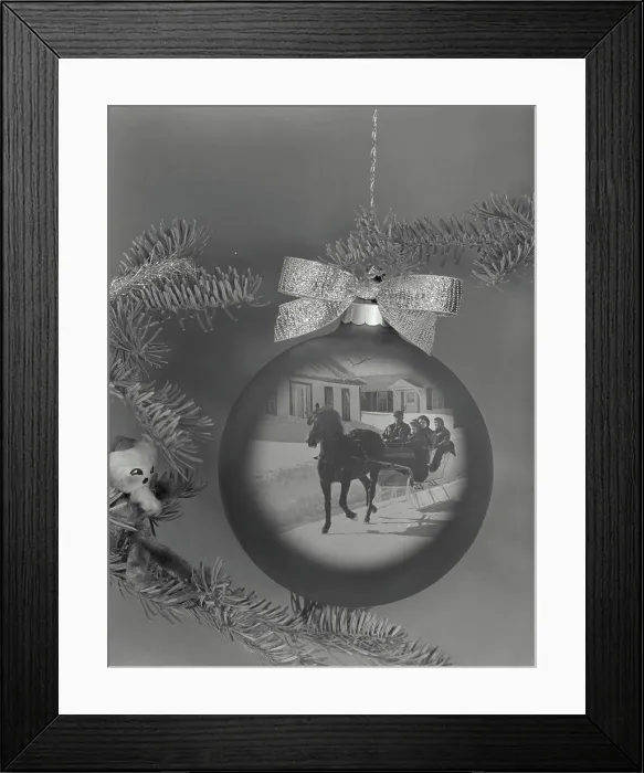 Framed Print : Close-up of a horsedrawn sleigh superimposed on a Christmas ornament Framed Print : Close-up of a horsedrawn sleigh superimposed on a Christmas ornament