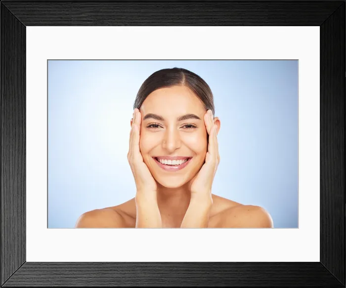 Framed Print : Portrait, skincare and beauty with a model woman in studio on a gray background for natural treatment
