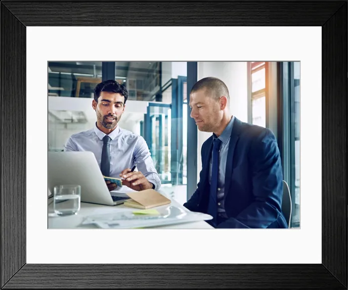 Framed Print : Business, consulting and men at laptop together for research Framed Print : Business, consulting and men at laptop together for research