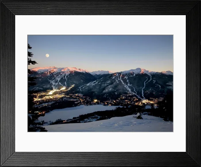 Framed Print : Whistler Village at dawn with Blackcomb Mountain and Whistler Mountain beyond, British Columbia, Canada Framed Print : Whistler Village at dawn with Blackcomb Mountain and Whistler Mountain beyond, British Columbia, Canada