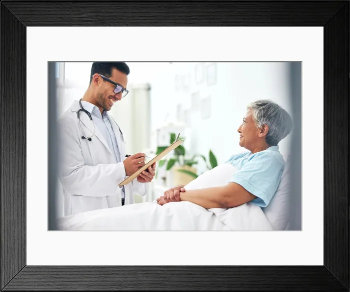 Framed Print : Happy woman in bed, doctor with medical chart and checklist for health insurance Framed Print : Happy woman in bed, doctor with medical chart and checklist for health insurance