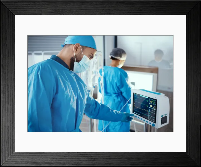Framed Print : Doctor, hospital and medical machine with monitor screen during surgery for dialysis Framed Print : Doctor, hospital and medical machine with monitor screen during surgery for dialysis