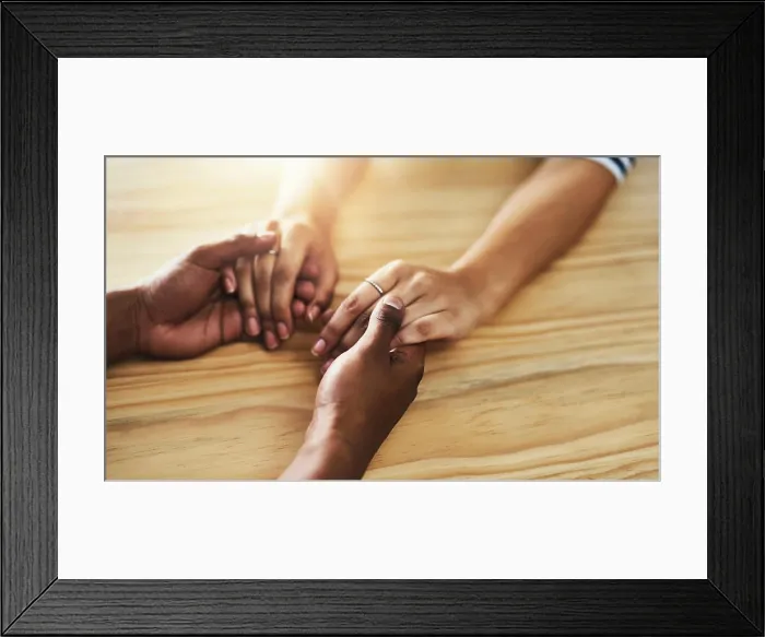 Framed Print : Interracial couple, holding hands and empathy with support for love Framed Print : Interracial couple, holding hands and empathy with support for love