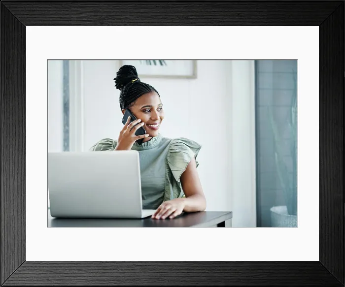 Framed Print : Black woman, phone call and laptop for thinking in office