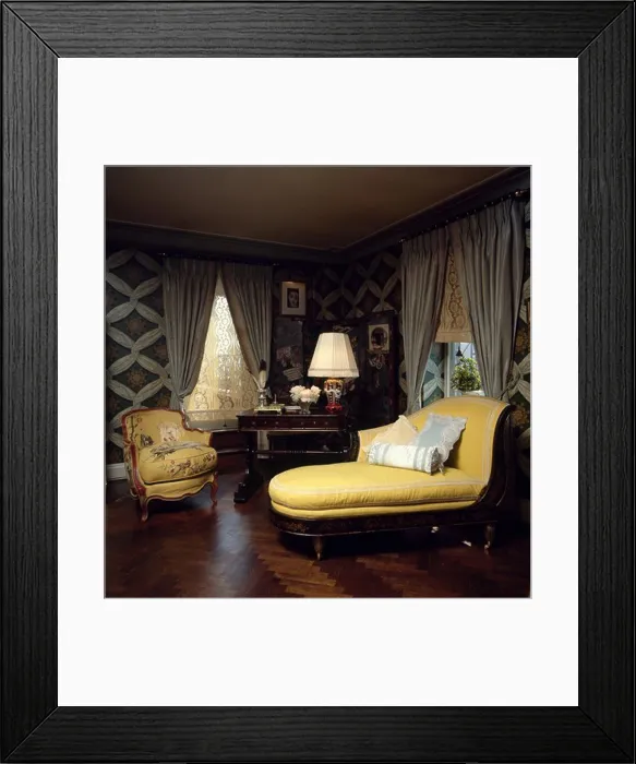 Framed Print : Upholstered yellow chaiselongue in traditional living room Framed Print : Upholstered yellow chaiselongue in traditional living room