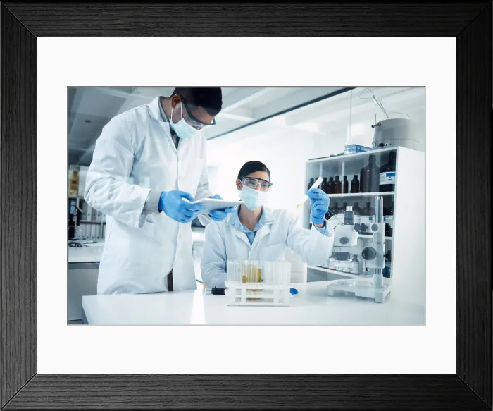 Framed Print : People, mask or scientists on tablet for liquid results Framed Print : People, mask or scientists on tablet for liquid results